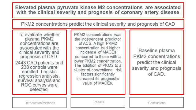 Elevated plasma pyruvate kinase M2 concentrations are associated with the clinical severity and prognosis of coronary artery disease.