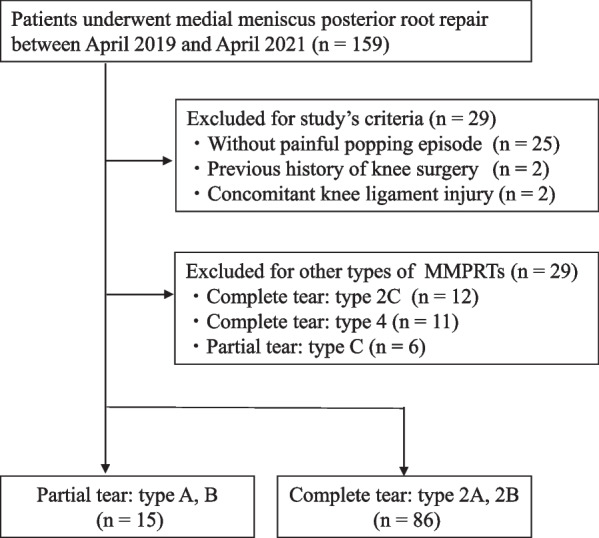Superior outcomes of pullout repairs for medial meniscus posterior root tears in partial tear compared to complete radial tear.