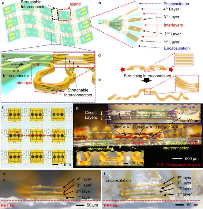 Multilayer stretchable electronics with designs enabling a compact lateral form