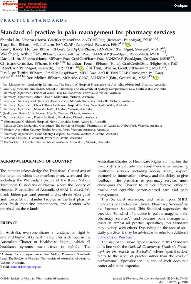 Standard of practice in pain management for pharmacy services