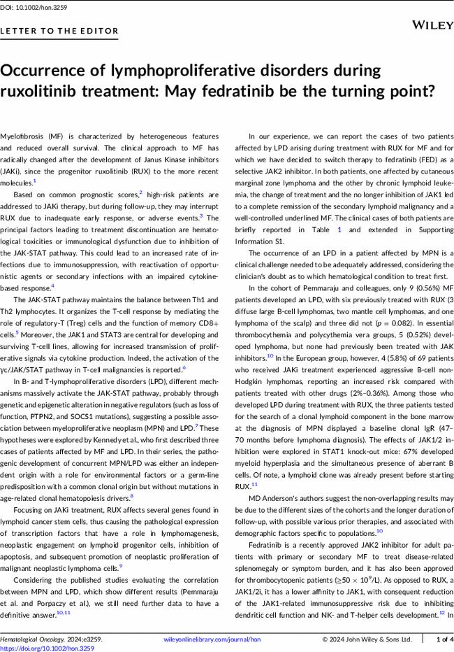 Occurrence of lymphoproliferative disorders during ruxolitinib treatment: May fedratinib be the turning point?