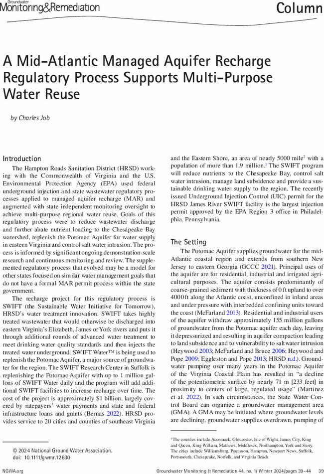 A Mid-Atlantic Managed Aquifer Recharge Regulatory Process Supports Multi-Purpose Water Reuse