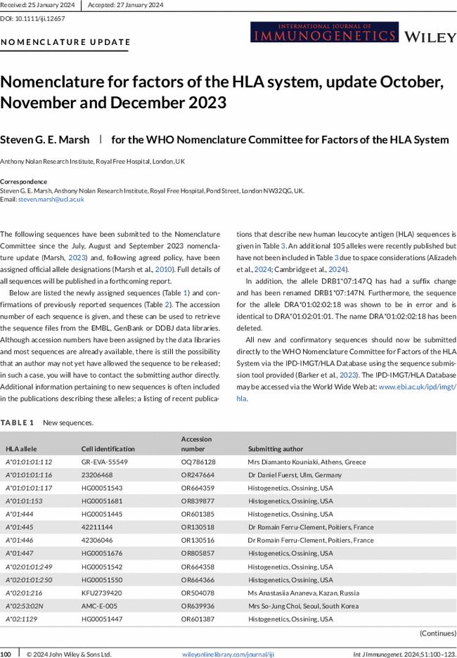 Nomenclature for factors of the HLA system, update October, November and December 2023