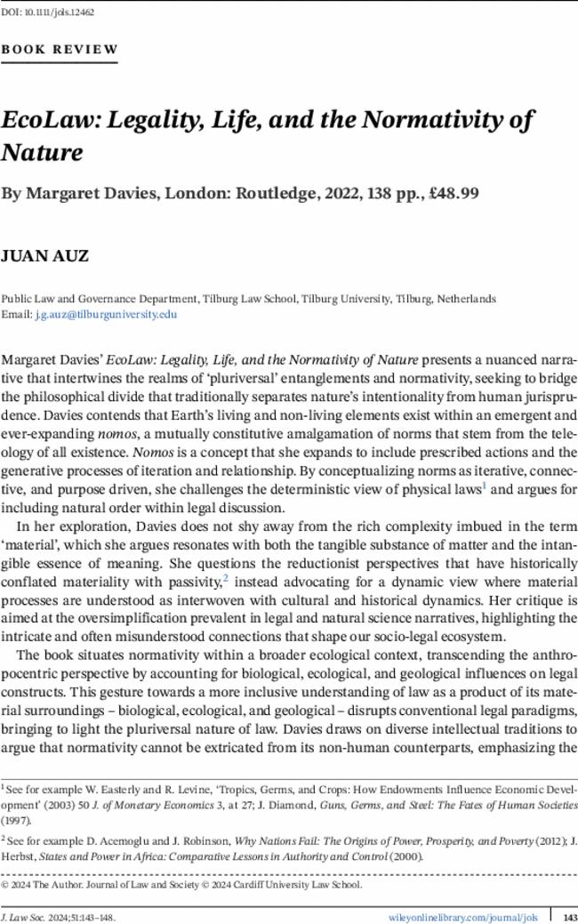 EcoLaw: Legality, Life, and the Normativity of Nature By  Margaret Davies, London: Routledge,  2022,  138 pp., £48.99