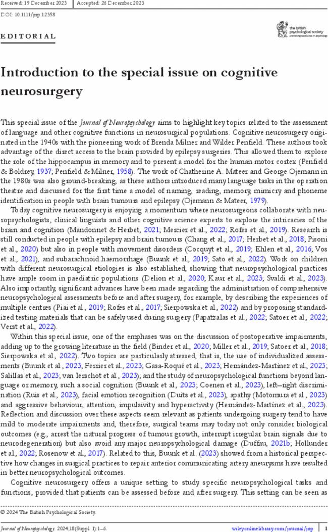 Introduction to the special issue on cognitive neurosurgery