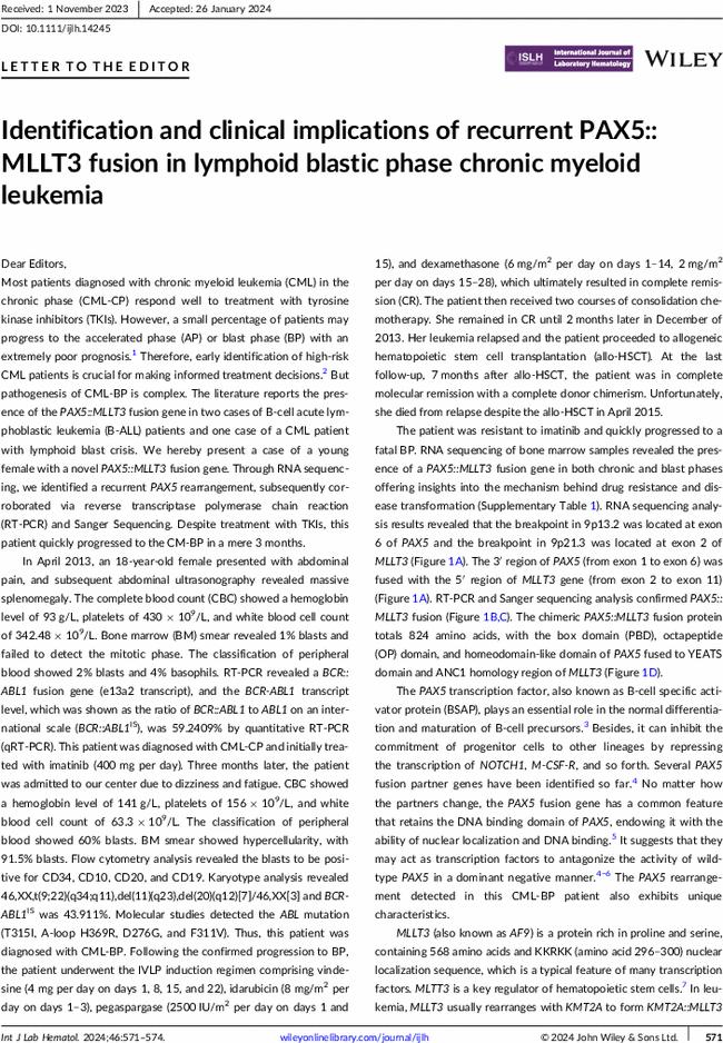 Identification and clinical implications of recurrent PAX5::MLLT3 fusion in lymphoid blastic phase chronic myeloid leukemia