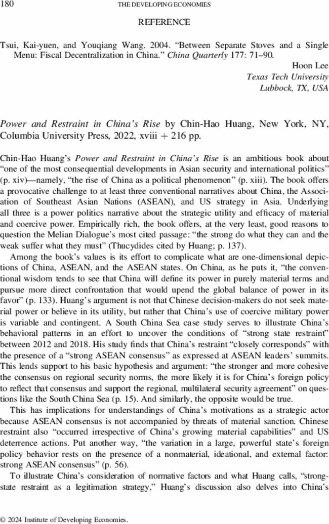 Power and Restraint in China's Rise by  Chin-Hao Huang, New York, NY, Columbia University Press,  2022, xviii + 216 pp.