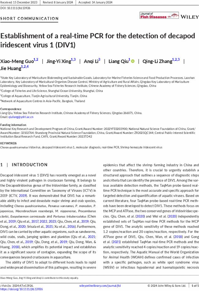 Establishment of a real-time PCR for the detection of decapod iridescent virus 1 (DIV1)