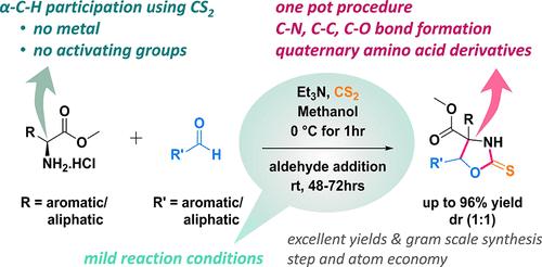 Metal-Free One-Pot Domino Synthesis of Oxazolidinethione Derivatives of Quaternary Amino Acids from α-Amino Esters and Aldehydes Using CS2
