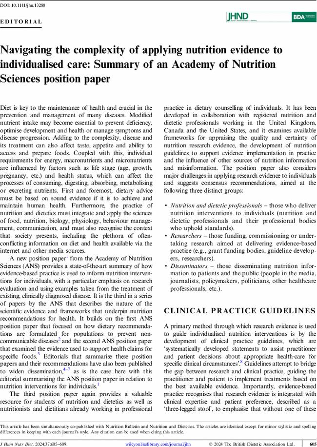 Navigating the complexity of applying nutrition evidence to individualised care: Summary of an Academy of Nutrition Sciences position paper