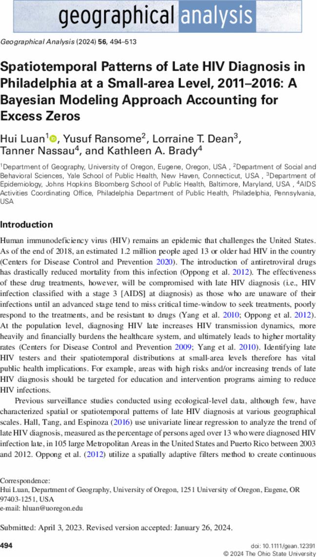 Spatiotemporal Patterns of Late HIV Diagnosis in Philadelphia at a Small-area Level, 2011–2016: A Bayesian Modeling Approach Accounting for Excess Zeros