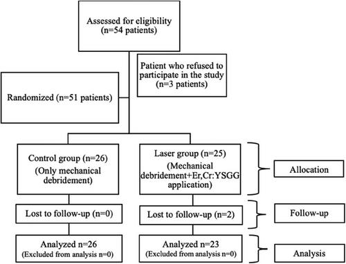 Evaluation of the effect of Er,Cr:YSGG laser application on peri-implant crevicular fluid receptor activator of nuclear factor-kappa B ligand and osteoprotegerin levels in the non-surgical treatment of peri-implantitis: A randomized clinical trial