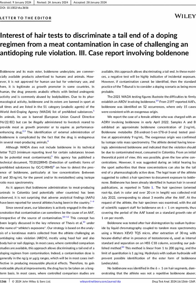 Interest of hair tests to discriminate a tail end of a doping regimen from a meat contamination in case of challenging an antidoping rule violation. III. Case report involving boldenone