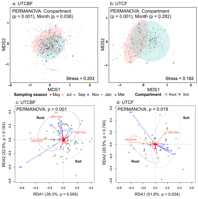 Year-round dynamics of arbuscular mycorrhizal fungi communities in the roots and surrounding soils of Cryptomeria japonica.