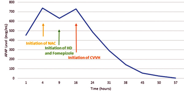 Massive acetaminophen ingestion managed successfully with N-acetylcysteine, fomepizole, and renal replacement therapy.