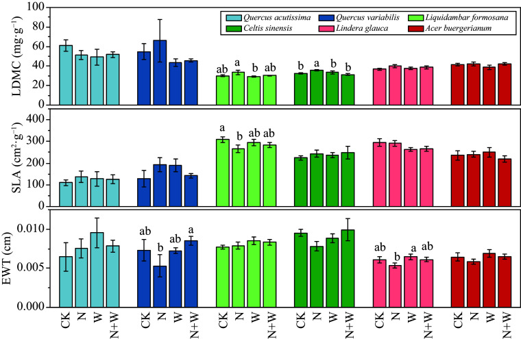 Influence of nitrogen water interaction on leaf functional traits of dominant species in warm temperate forest.