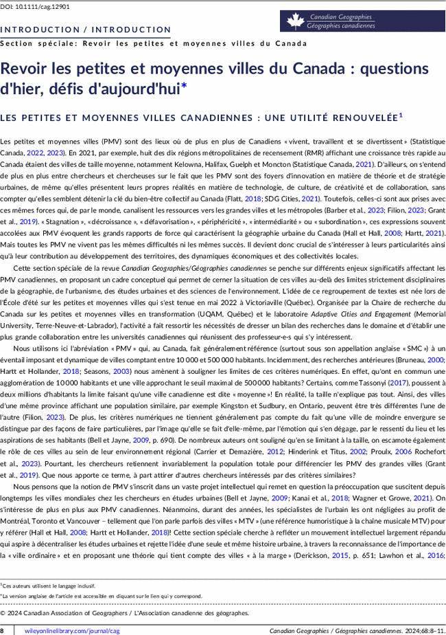 Revoir les petites et moyennes villes du Canada : questions d'hier, défis d'aujourd'hui*