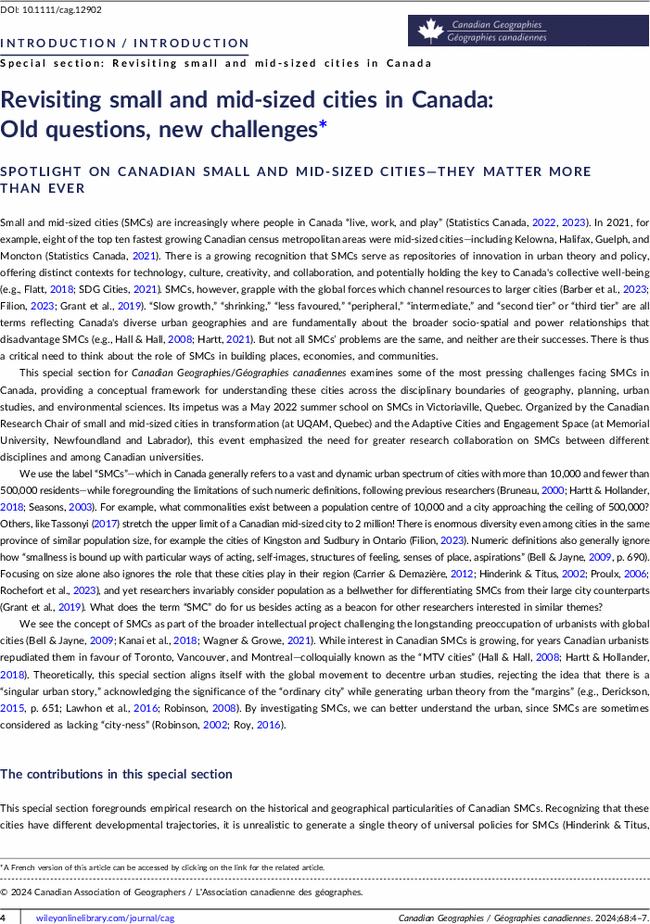 Revisiting small and mid-sized cities in Canada: Old questions, new challenges*