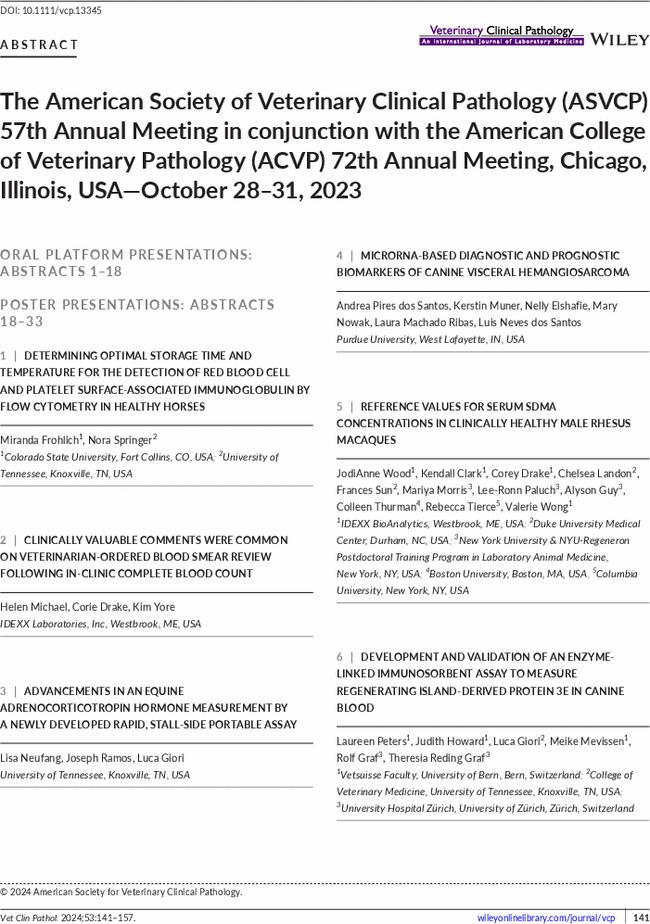 The American Society of Veterinary Clinical Pathology (ASVCP) 57th Annual Meeting in conjunction with the American College of Veterinary Pathology (ACVP) 72th Annual Meeting, Chicago, Illinois, USA—October 28–31, 2023