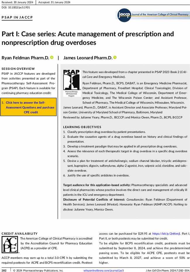 Part I: Case series: Acute management of prescription and nonprescription drug overdoses