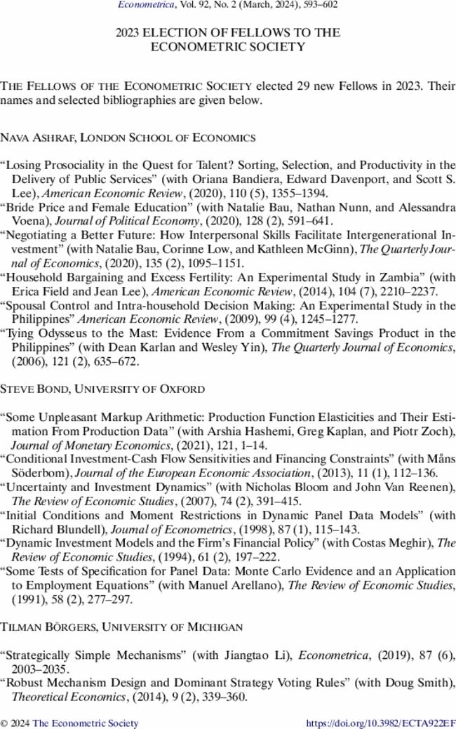 2023 Election of Fellows to the Econometric Society