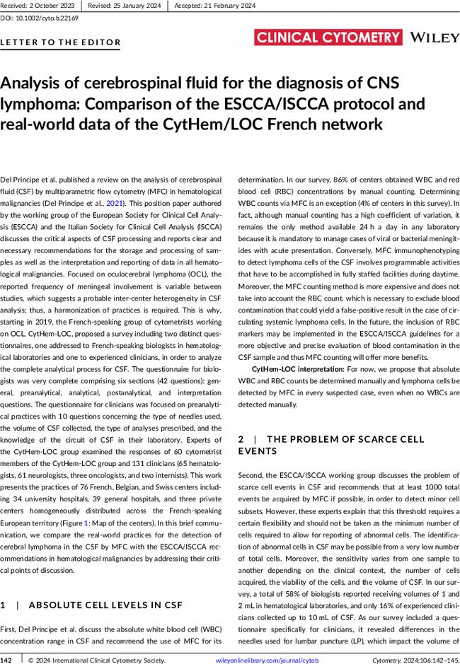 Analysis of cerebrospinal fluid for the diagnosis of CNS lymphoma: Comparison of the ESCCA/ISCCA protocol and real-world data of the CytHem/LOC French network