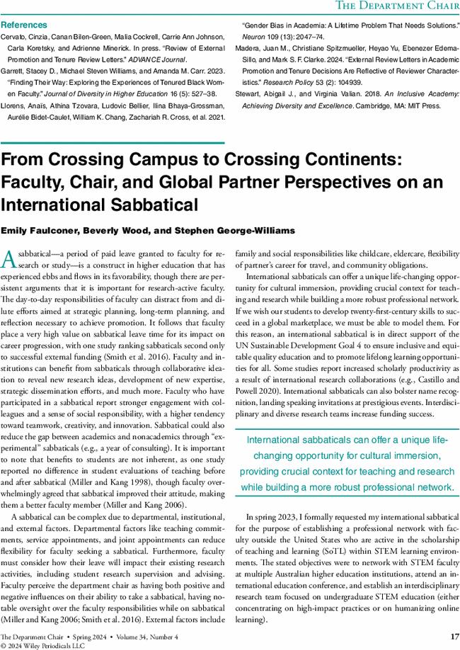 From Crossing Campus to Crossing Continents: Faculty, Chair, and Global Partner Perspectives on an International Sabbatical