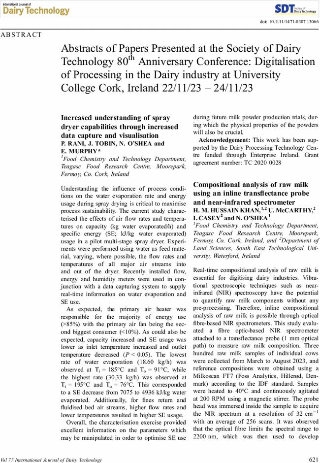 Abstracts of Papers Presented at the Society of Dairy Technology 80th Anniversary Conference: Digitalisation of Processing in the Dairy industry at University College Cork, Ireland 22/11/23 – 24/11/23