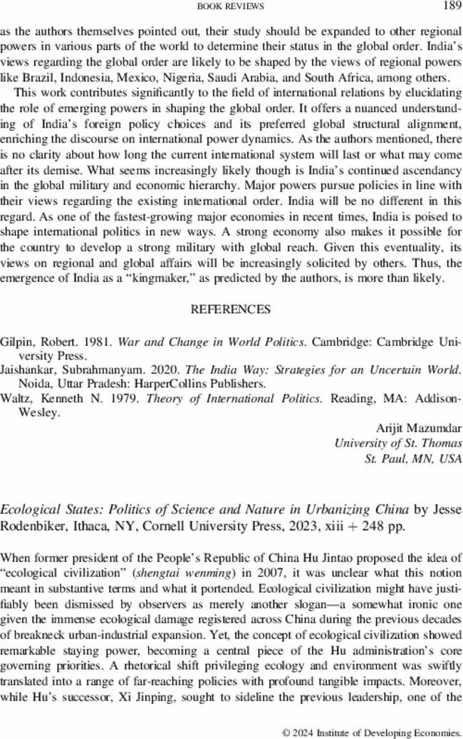 Ecological States: Politics of Science and Nature in Urbanizing China by  Jesse Rodenbiker, Ithaca, NY, Cornell University Press,  2023,  xiii + 248 pp.