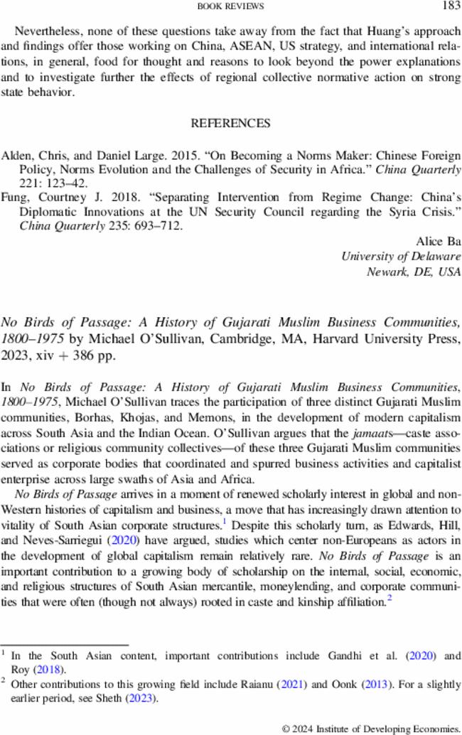 No Birds of Passage: A History of Gujarati Muslim Business Communities, 1800–1975 by  Michael O'Sullivan, Cambridge, MA, Harvard University Press,  2023,  xiv + 386 pp.