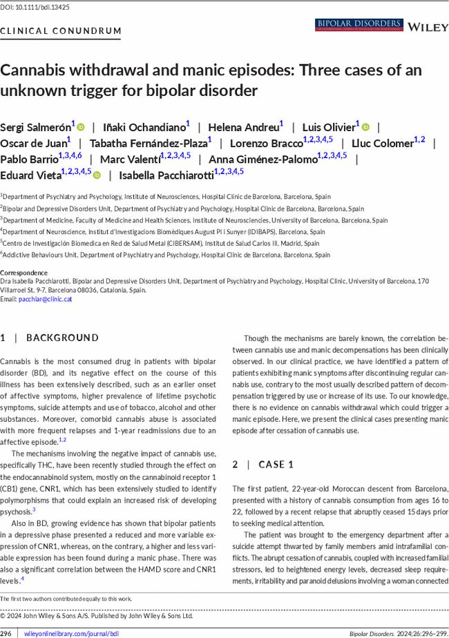 Cannabis withdrawal and manic episodes: Three cases of an unknown trigger for bipolar disorder