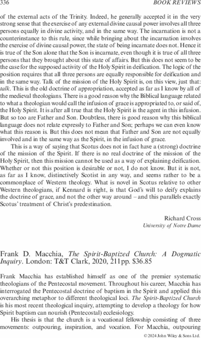 Frank D. Macchia,  The Spirit-Baptized Church: A Dogmatic Inquiry. London: T&T Clark,  2020, 211pp. $36.85