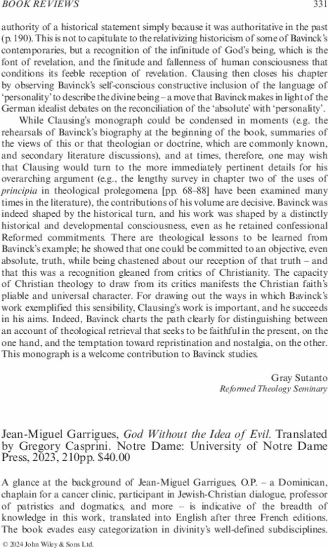 Jean-Miguel Garrigues,  God Without the Idea of Evil. Translated by Gregory Casprini. Notre Dame: University of Notre Dame Press,  2023, 210pp. $40.00