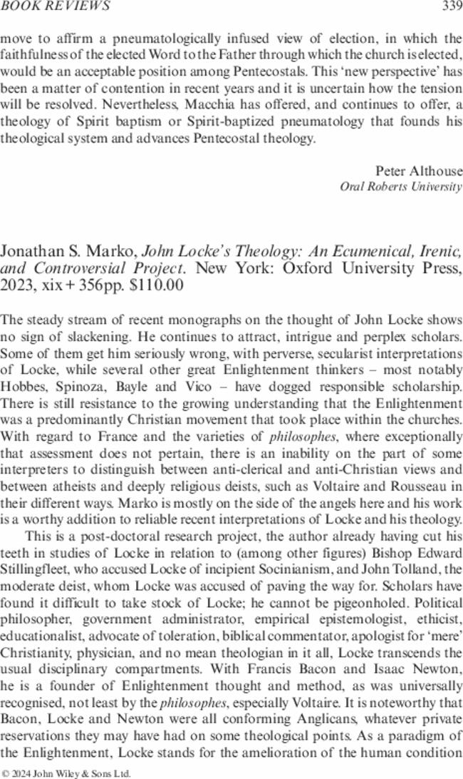 Jonathan S. Marko,  John Locke’s Theology: An Ecumenical, Irenic, and Controversial Project. New York: Oxford University Press,  2023,  xix + 356pp. $110.00