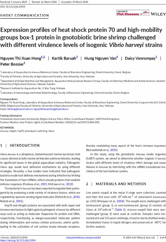 Expression profiles of heat shock protein 70 and high-mobility groups box-1 protein in gnotobiotic brine shrimp challenged with different virulence levels of isogenic Vibrio harveyi strains