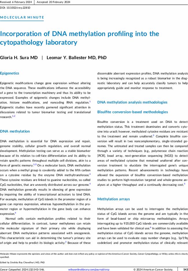 Incorporation of DNA methylation profiling into the cytopathology laboratory