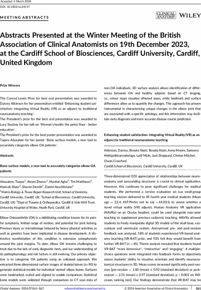 Abstracts Presented at the Winter Meeting of the British Association of Clinical Anatomists on 19th December 2023, at the Cardiff School of Biosciences, Cardiff University, Cardiff, United Kingdom