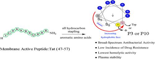 Membrane-Active All-Hydrocarbon-Stapled α-Helical Amphiphilic Tat Peptides: Broad-Spectrum Antibacterial Activity and Low Incidence of Drug Resistance