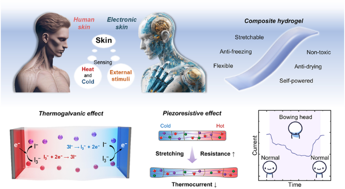 Thermogalvanic hydrogel-based e-skin for self-powered on-body dual-modal temperature and strain sensing