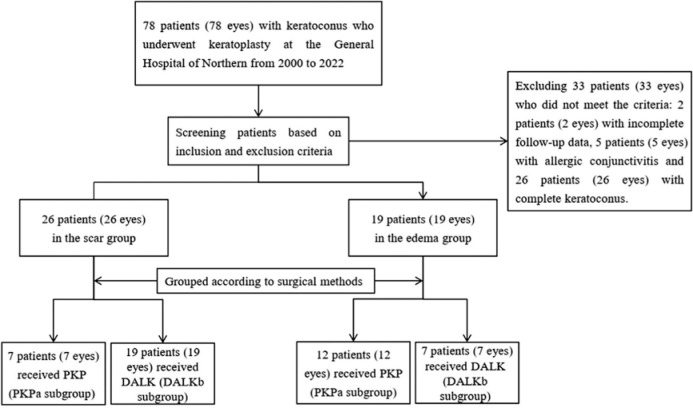 Comparison of keratoplasty outcomes at the scar versus edema stages of keratoconus.