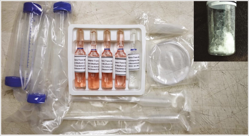 Noncultured epidermal suspension procedure of vitiligo surgery using freeze-dried trypsin coated on silicon pellets.