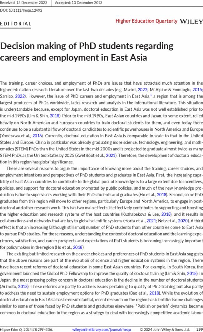 Decision making of PhD students regarding careers and employment in East Asia