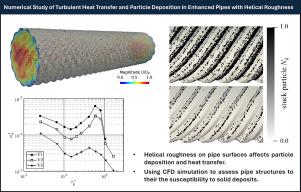 Numerical study of turbulent heat transfer and particle deposition in enhanced pipes with helical roughness