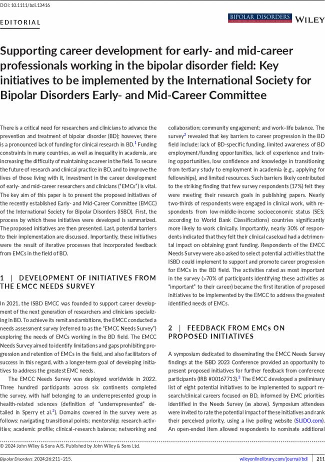 Supporting career development for early- and mid-career professionals working in the bipolar disorder field: Key initiatives to be implemented by the International Society for Bipolar Disorders Early- and Mid-Career Committee