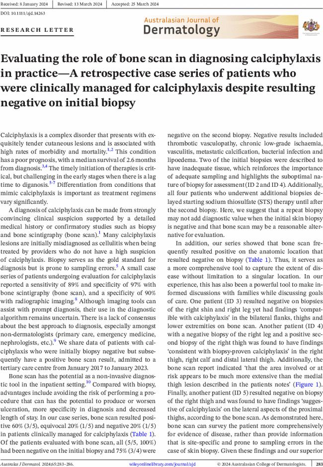 Evaluating the role of bone scan in diagnosing calciphylaxis in practice—A retrospective case series of patients who were clinically managed for calciphylaxis despite resulting negative on initial biopsy