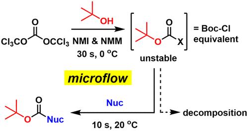 Facile Generation of tert-Butoxycarbonyl Chloride Equivalent and Its Use in Microflow Reactor