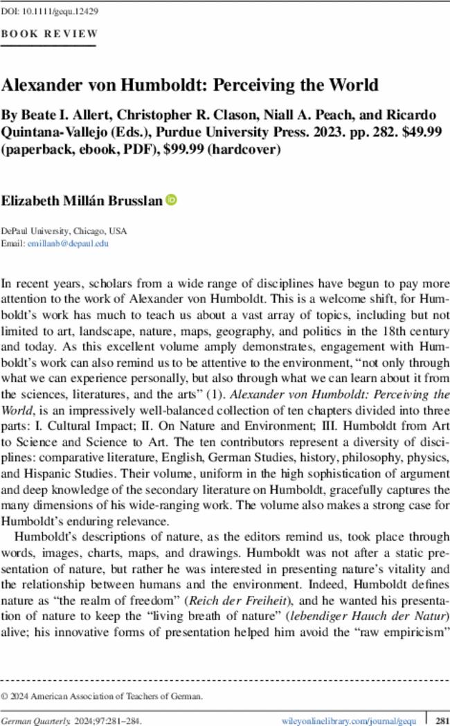 Alexander von Humboldt: Perceiving the World By  Beate I. Allert,  Christopher R. Clason,  Niall A. Peach, and  Ricardo Quintana-Vallejo (Eds.), Purdue University Press.  2023. pp.  282. $49.99 (paperback, ebook, PDF), $99.99 (hardcover)