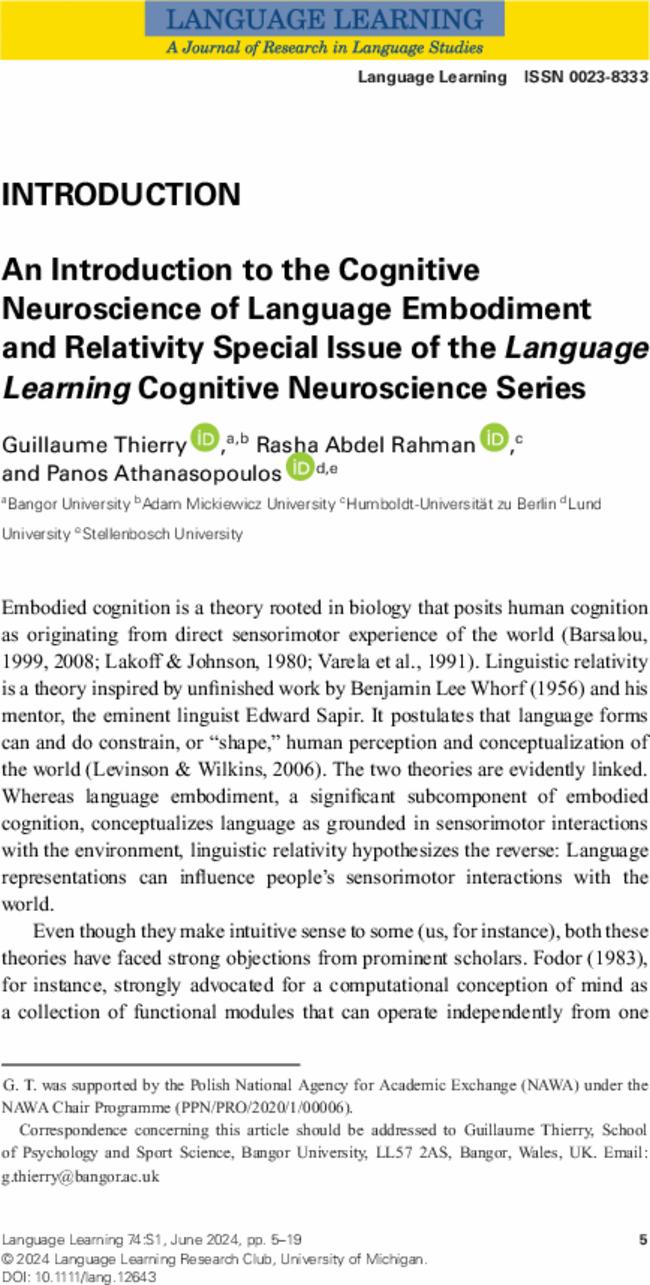 An Introduction to the Cognitive Neuroscience of Language Embodiment and Relativity Special Issue of the Language Learning Cognitive Neuroscience Series