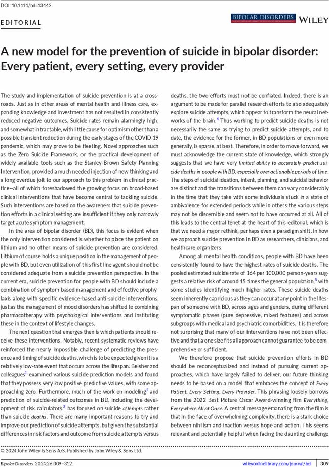 A new model for the prevention of suicide in bipolar disorder: Every patient, every setting, every provider