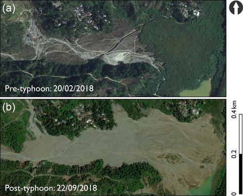 Observations and computational multi-phase modelling in tropical river settings show complex channel changes downstream from rainfall-triggered landslides